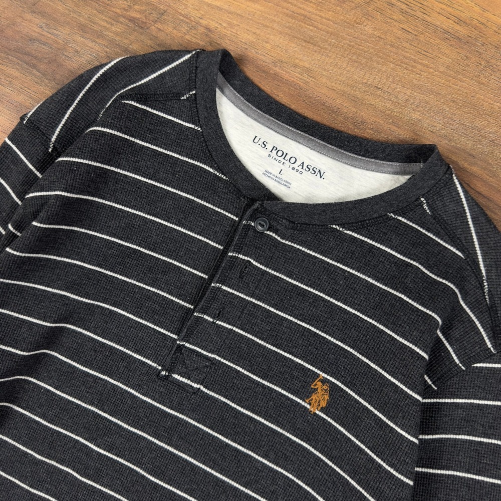 US Polo Assn Mens Large Henley Shirt Charcoal Grey Striped Waffle Knit Thermal